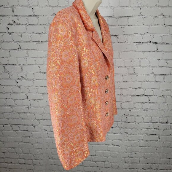 ECI New York Orange Floral 100% Silk Lined Rhinestone Snap Notch Jacket Size 14 - Picture 15 of 16